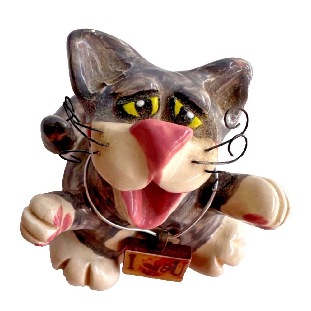 Judy B Freeman Pottery Cat Figurine 3" Handmade Signed Sculpture Folk Cottagecor